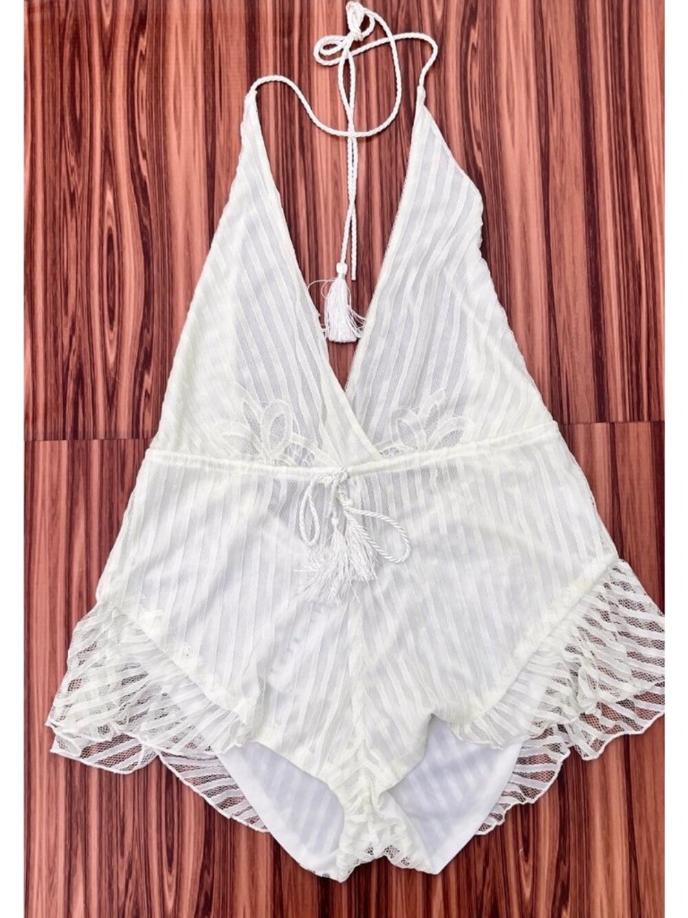 Lioness White Lace Trim Halter Romper